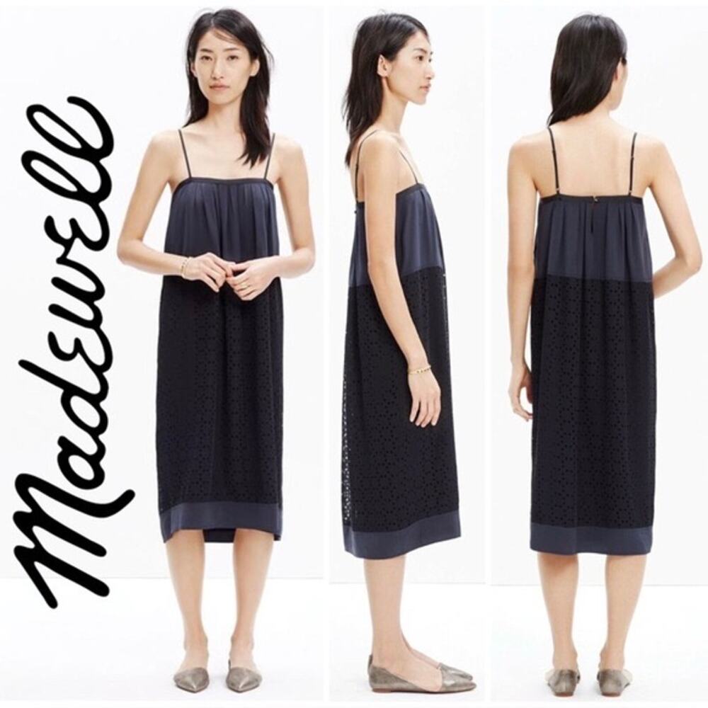 Madewell Women’s Total Eclipse Duskplay Eyelet Black Midi Dress Size 2
